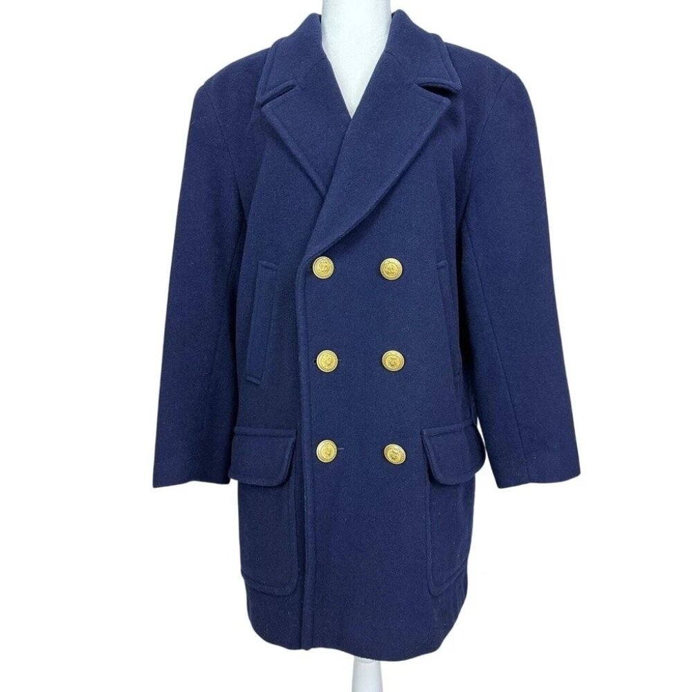 Liz Wear Women's Navy Blue Pea Coat, Double Breasted, Gold Button, Size 12''